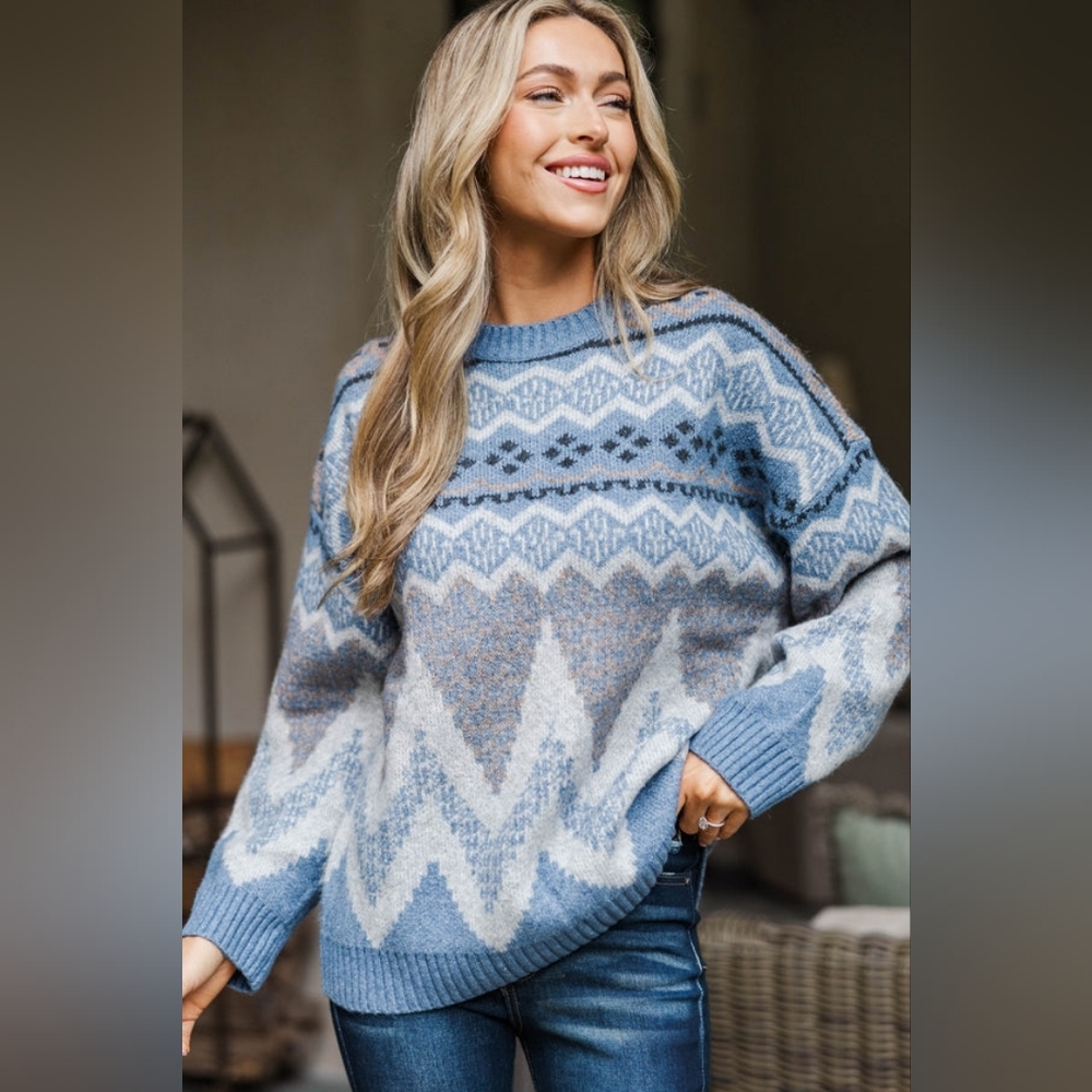 Anniewear Cream Brown Geometric Stripe Chevron Crew Neck Wool Sweater Boutique - Picture 2 of 8